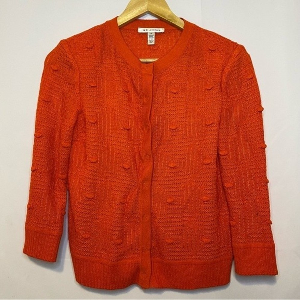 St. John Orange Button Front Cardigan Pointelle Wool Blend Sweater Size P